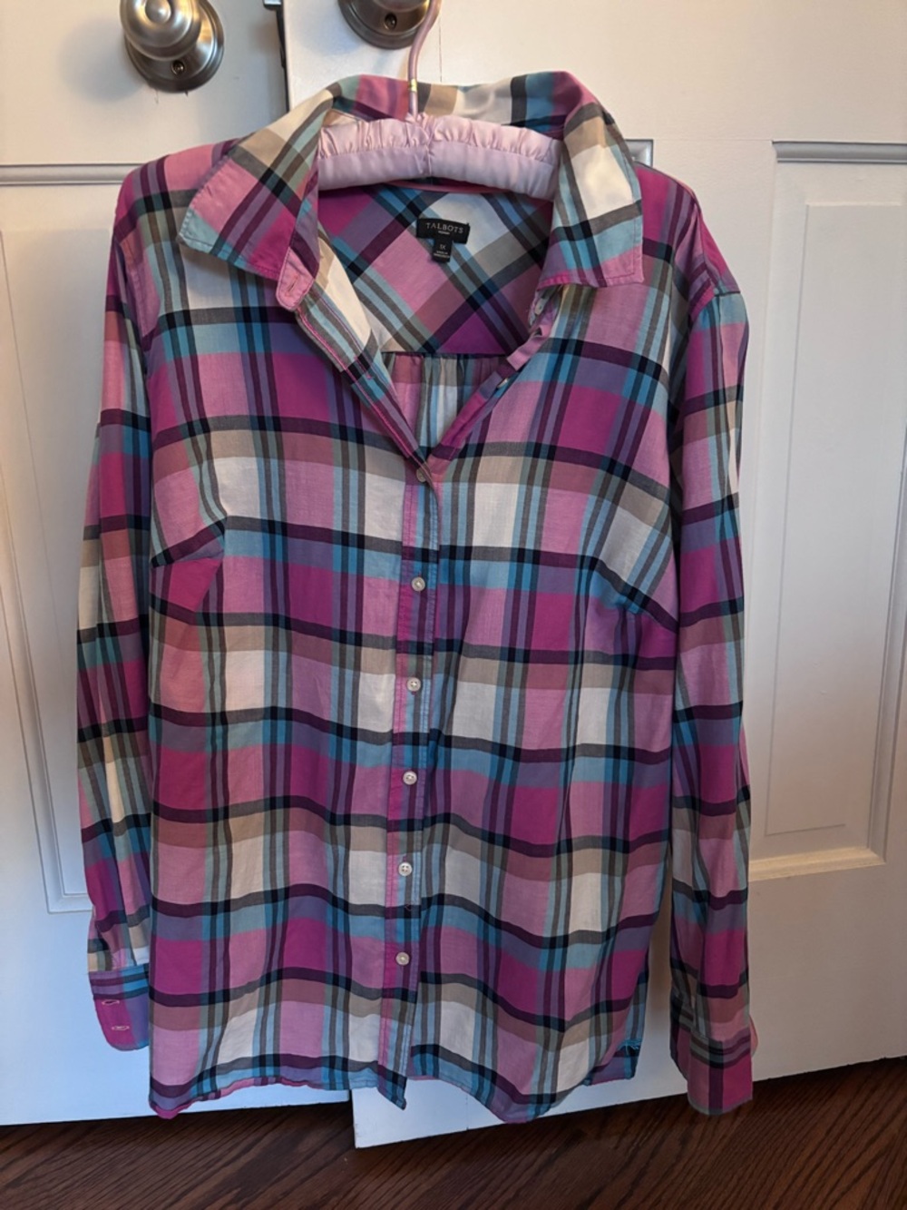Talbots Pink and Teal Plaid Button-Down Blouse